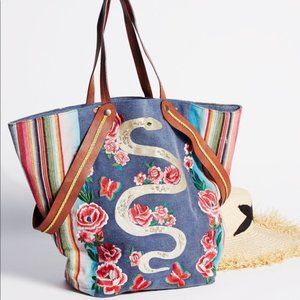 Free People “Pandora” Embroidered Snake Tote Bag